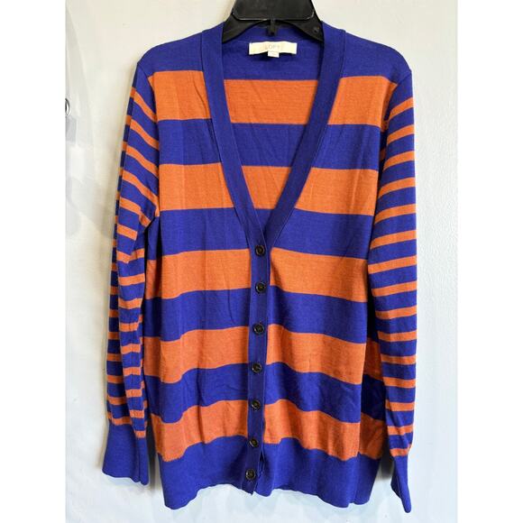 Ann Taylor LOFT Wool Blend Cardigan Womens Large Preppy Academia Stripes Purple - Picture 1 of 4